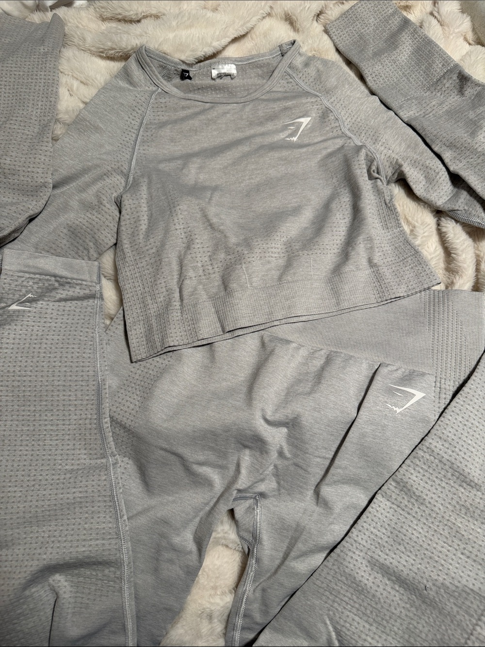 Gymshark Light Gray Seamless Leggings and Workout Long Sleeve Top